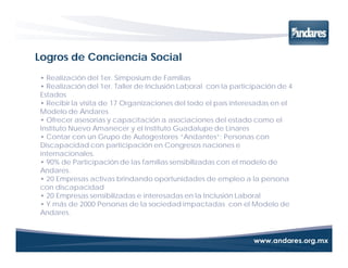 Logros de Conciencia Social
• Realización del 1er. Simposium de Familias
• Realización del 1er. Taller de Inclusión Laboral con la participación de 4
Estados
• Recibir la visita de 17 Organizaciones del todo el país interesadas en el
Modelo de Andares
• Ofrecer asesorías y capacitación a asociaciones del estado como el
Instituto Nuevo Amanecer y el Instituto Guadalupe de Linares
• Contar con un Grupo de Autogestores “Andantes”: Personas con
Discapacidad con participación en Congresos naciones e
internacionales.
• 90% de Participación de las familias sensibilizadas con el modelo de
Andares.
• 20 Empresas activas brindando oportunidades de empleo a la persona
con discapacidad
• 20 Empresas sensibilizadas e interesadas en la Inclusión Laboral
• Y más de 2000 Personas de la sociedad impactadas con el Modelo de
Andares.
 