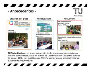 - Antecedentes -
   Creación del grupo          Red ciudadana                       Red Juvenil
                                                           2do Programa piloto
                                                           Biblioteca Central
                                                           Agosto 2011


                   2010
1er junta
Octubre 2010
                              1er Programa piloto
                              Incubadora Social Santa Fe
                              Marzo 2011
                                                           Capacitación Programa Comunitario
                                                           UDEM
                                                           Mayo– Julio 2011




TU Todos Unidos es un grupo independiente de jóvenes comprometidos por
mejores comunidades, nació en el Foro de Creatividad del Encuentro Mundial
de Valores 2010, tras la plática con Shin Fujiyama, joven y actual director de
Students Helping Honduras.
 