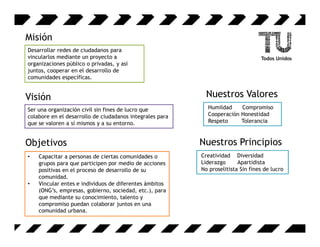 Misión
Desarrollar redes de ciudadanos para
vincularlos mediante un proyecto a
organizaciones público o privadas, y así
juntos, cooperar en el desarrollo de
comunidades específicas.


Visión                                                      Nuestros Valores
Ser una organización civil sin fines de lucro que           Humildad    Compromiso
colabore en el desarrollo de ciudadanos integrales para     Cooperación Honestidad
que se valoren a sí mismos y a su entorno.                  Respeto     Tolerancia



Objetivos                                                 Nuestros Principios
•   Capacitar a personas de ciertas comunidades o         Creatividad Diversidad
    grupos para que participen por medio de acciones      Liderazgo      Apartidista
    positivas en el proceso de desarrollo de su           No proselitista Sin fines de lucro
    comunidad.
•   Vincular entes e individuos de diferentes ámbitos
    (ONG’s, empresas, gobierno, sociedad, etc.), para
    que mediante su conocimiento, talento y
    compromiso puedan colaborar juntos en una
    comunidad urbana.
 