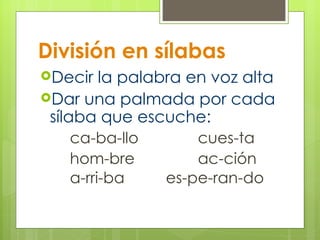 División en sílabas Decir la palabra en voz alta Dar una palmada por cada sílaba que escuche: ca-ba-llo cues-ta hom-bre ac-ción a-rri-ba es-pe-ran-do 