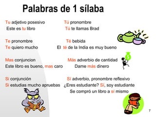 Palabras de 1 sílaba
Tu adjetivo posesivo            Tú pronombre
Este es tu libro                Tú te llamas Brad

Te pronombre                   Té bebida
Te quiero mucho           El té de la India es muy bueno

Mas conjuncion                   Más adverbio de cantidad
Este libro es bueno, mas caro      Dame más dinero

Si conjunción               Sí adverbio, pronombre reflexivo
Si estudias mucho apruebas ¿Eres estudiante? Sí, soy estudiante
                             Se compró un libro a sí mismo



                                                                  7
 