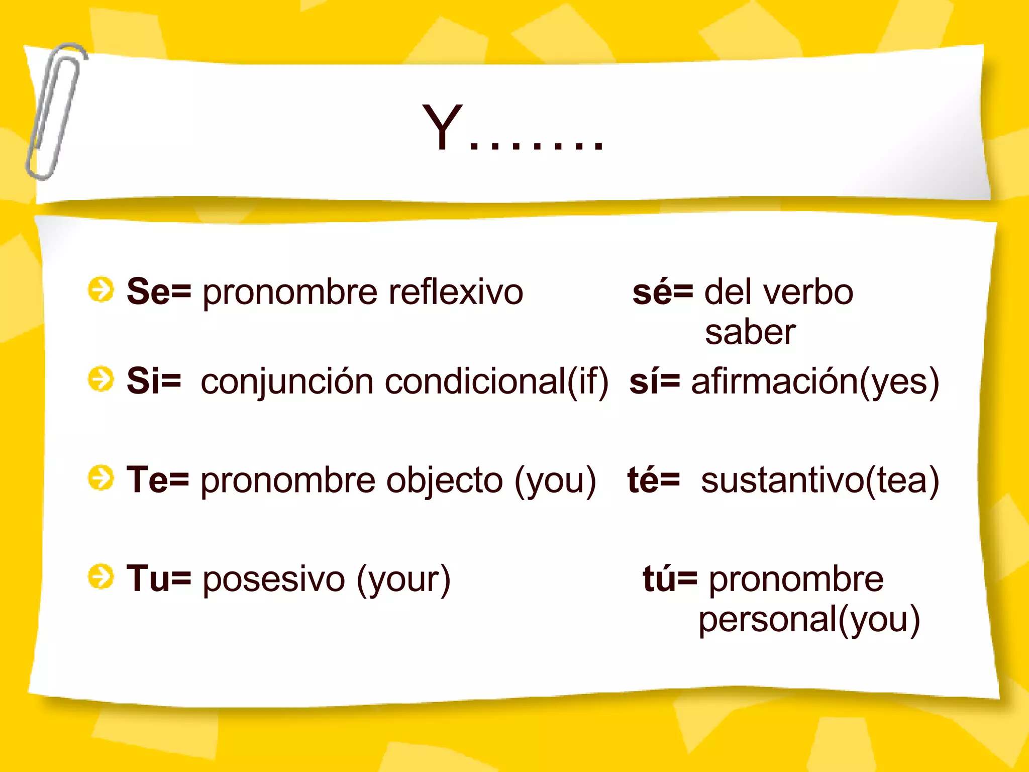 Y……. Se=  pronombre reflexivo   sé=  del verbo  saber Si=  conjunción condicional(if)  sí=  afirmación(yes) Te=  pronombre objecto (you)  té=   sustantivo(tea) Tu=  posesivo (your)   tú=  pronombre    personal(you) 