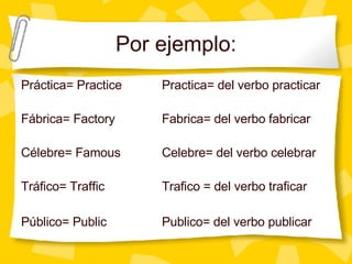 Por ejemplo: Pr á ctica= Practice Practica= del verbo practicar F á brica= Factory Fabrica= del verbo fabricar  C élebre= Famous Celebre= del verbo celebrar Tráfico= Traffic Trafico = del verbo traficar P úblico= Public Publico= del verbo publicar   