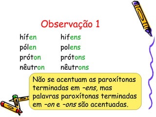 Observação 1
hífen hifens
pólen polens
próton prótons
nêutron nêutrons
Não se acentuam as paroxítonas
terminadas em –ens, mas
palavras paroxítonas terminadas
em –on e –ons são acentuadas.
 