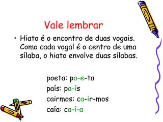 Vale lembrar
• Hiato é o encontro de duas vogais.
Como cada vogal é o centro de uma
sílaba, o hiato envolve duas sílabas.
poeta: po-e-ta
país: pa-ís
cairmos: ca-ir-mos
caía: ca-í-a
 