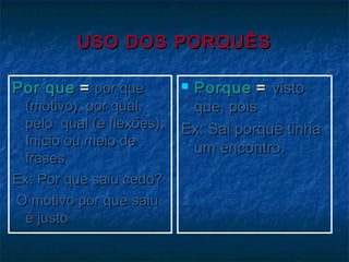 USO DOS PORQUÊSUSO DOS PORQUÊS
Por quePor que == por quepor que
(motivo), por qual,(motivo), por qual,
pelo qual (e flexões).pelo qual (e flexões).
Início ou meio deInício ou meio de
frasesfrases
Ex: Por que saiu cedo?Ex: Por que saiu cedo?
O motivo por que saiuO motivo por que saiu
é justoé justo
 PorquePorque == vistovisto
que, poisque, pois
Ex: Sai porque tinhaEx: Sai porque tinha
um encontro.um encontro.
 