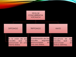 TIPOS DE
CONCURRENCIA
VOCÁLICA
DIPTONGO
Es la unión de dos
vocales que se
pronuncian en una
misma sílaba.
TRIPTONGO
Combinación de tres
vocales seguidas
pronunciadas en
una sola sílaba.
HIATO
Secuencia de dos
vocales que se
pronuncian en
sílabas distintas.
 