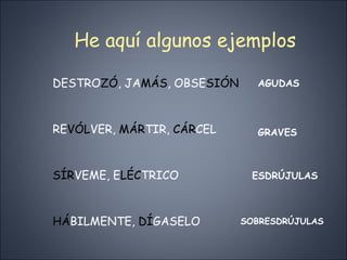 DESTRO ZÓ , JA MÁS , OBSE SIÓN RE VÓL VER,  MÁR TIR,  CÁR CEL SÍR VEME, E LÉC TRICO HÁ BILMENTE,  DÍ GASELO He aquí algunos ejemplos AGUDAS GRAVES ESDRÚJULAS SOBRESDRÚJULAS 