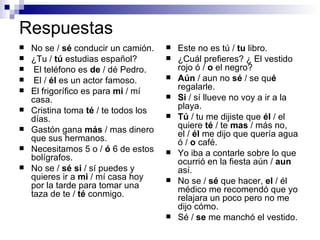 Respuestas No se /  sé  conducir un camión. ¿Tu /  tú  estudias español? El teléfono es  de  / dé Pedro. El /  él  es un actor famoso. El frigorífico es para  mi  / mí casa. Cristina toma  té  / te todos los días. Gastón gana  más  / mas dinero que sus hermanos. Necesitamos 5 o /  ó  6 de estos bolígrafos. No se /  sé   si  / sí puedes y quieres ir a  mi  / mí casa hoy por la tarde para tomar una taza de te /  té  conmigo. Este no es tú /  tu  libro. ¿Cuál prefieres? ¿ El vestido rojo ó /  o  el negro? Aún  / aun no  sé  / se qu é  regalarle. Si  / sí llueve no voy a ir a la playa. Tú  / tu me dijiste que  él  / el quiere  té  / te  mas  / más no, el /  él  me dijo que quería agua ó /  o  café. Yo iba a contarle sobre lo que ocurrió en la fiesta aún /  aun  así. No se /  sé  que hacer,  el  / él médico me recomendó que yo relajara un poco pero no me dijo cómo. Sé /  se  me manchó el vestido. 