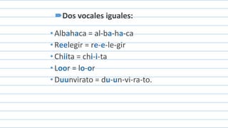 •Albahaca = al-ba-ha-ca
•Reelegir = re-e-le-gir
•Chiita = chi-i-ta
•Loor = lo-or
•Duunvirato = du-un-vi-ra-to.
Dos vocales iguales:
 