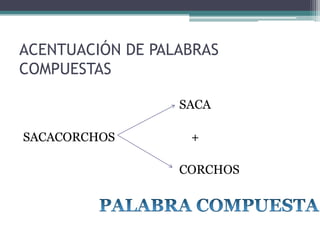 ACENTUACIÓN DE PALABRAS
COMPUESTAS
SACA

SACACORCHOS

+
CORCHOS

 