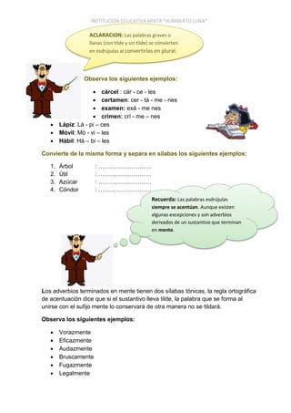INSTITUCIÓN EDUCATIVA MIXTA “HUMBERTO LUNA”
Observa los siguientes ejemplos:
 cárcel : cár - ce - les
 certamen: cer - tá - me - nes
 examen: exá - me nes
 crimen: crí - me – nes
 Lápiz: Lá - pi – ces
 Móvil: Mó - vi – les
 Hábil: Há – bi – les
Convierte de la misma forma y separa en sílabas los siguientes ejemplos:
1. Árbol : ………………………
2. Útil : ………………………
3. Azúcar : ………………………
4. Cóndor : ………………………
Los adverbios terminados en mente tienen dos sílabas tónicas, la regla ortográfica
de acentuación dice que si el sustantivo lleva tilde, la palabra que se forma al
unirse con el sufijo mente lo conservará de otra manera no se tildará.
Observa los siguientes ejemplos:
 Vorazmente
 Eficazmente
 Audazmente
 Bruscamente
 Fugazmente
 Legalmente
ACLARACION: Las palabras graves o
llanas (con tilde y sin tilde) se convierten
en esdrújulas al convertirlas en plural.
Recuerda: Las palabras esdrújulas
siempre se acentúan. Aunque existen
algunas excepciones y son adverbios
derivados de un sustantivo que terminan
en mente.
 