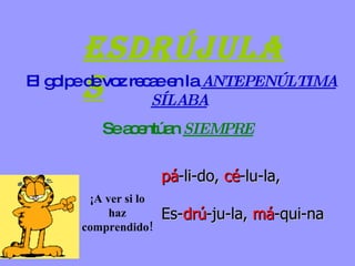 Esdrújulas El golpe de voz recae en la  ANTEPENÚLTIMA SÍLABA   Se acentúan  SIEMPRE ¡A ver si lo haz comprendido! pá -li-do,  cé -lu-la, Es- drú -ju-la,  má -qui-na 