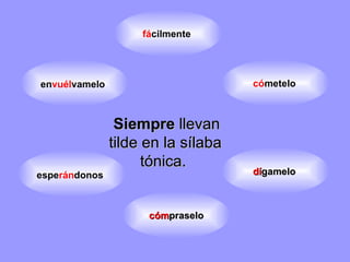 Siempre  llevan tilde en la sílaba tónica.  fá cilmente  có metelo   espe rán donos   dí gamelo   cóm praselo en vuél vamelo   