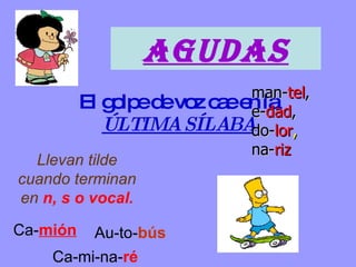 El golpe de voz cae en la   ÚLTIMA SÍLABA   Llevan tilde cuando terminan en   n, s o vocal. Ca- mión Au-to- bús Ca-mi-na- ré Agudas man- tel ,  e- dad ,  do- lor , na- riz 