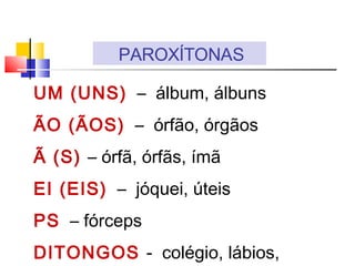 UM (UNS) – álbum, álbuns
ÃO (ÃOS) – órfão, órgãos
Ã (S) – órfã, órfãs, ímã
EI (EIS) – jóquei, úteis
PS – fórceps
DITONGOS - colégio, lábios,
 
