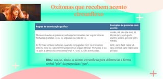 Oxítonas que recebem acento
circunflexo
Obs.: usa-se, ainda, o acento circunflexo para diferenciar a forma
verbal "pôr" da preposição "por".
 