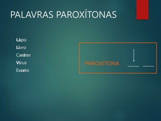 PALAVRAS PAROXÍTONAS
Lápis
Livro
Caráter
Vírus
Exceto
PAROXÍTONA _____ _____
 