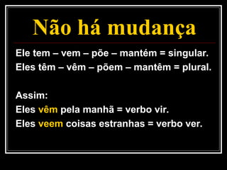 Não há mudança
Ele tem – vem – põe – mantém = singular.
Eles têm – vêm – põem – mantêm = plural.
Assim:
Eles vêm pela manhã = verbo vir.
Eles veem coisas estranhas = verbo ver.
 