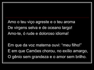Amo o teu viço agreste e o teu aroma
De virgens selva e de oceano largo!
Amo-te, ó rude e doloroso idioma!
Em que da voz materna ouvi: “meu filho!”
E em que Camões chorou, no exílio amargo,
O gênio sem grandeza e o amor sem brilho.
 