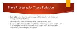 Three Processes for Tissue Perfusion
1. Getting O2 to the blood via pulmonary ventilation coupled with the oxygen-
carrying capacity of the blood
2. Delivering O2 to the active tissues – a fxn of cardiac output (CO)
3. Extracting O2 from the blood to complete the metabolic production of ATP- a fxn
of localizing the delivery of the cardiac output to the active muscles and the
oxidative enzymes located w/in active cells
 
