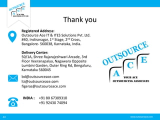 Thank you
22
Registered Address:
Outsource Ace IT & ITES Solutions Pvt. Ltd.
#40, Indiranagar, 1st Stage, 2nd Cross,
Bangalore- 560038, Karnataka, India.
Delivery Center:
50/1A, Shree Rajarajeshwari Arcade, 3rd
Floor Veeranapalya, Nagawara Opposite
Lumbini Garden, Outer Ring Rd, Bengaluru,
Karnataka 560045
bd@outsourceace.com
liz@outsourceace.com
figeras@outsourceace.com
INDIA : +91 80 67309310
+91 92430 74094
 