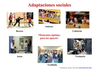 Traducido por Juanma Cano desde Autism Discussion Page
Aseos
Autocar
Cafetería
Vestíbulo
Vestuario
Recreo
Adaptaciones sociales
!Momentos óptimos
para los apoyos!
 