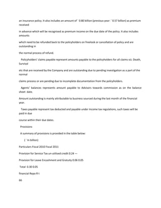 an insurance policy. It also includes an amount of ` 0.80 billion (previous year: ` 0.57 billion) as premium
received

in advance which will be recognised as premium income on the due date of the policy. It also includes
amounts

which need to be refunded back to the policyholders on freelook or cancellation of policy and are
outstanding in

the normal process of refund.

 Policyholders’ claims payable represent amounts payable to the policyholders for all claims viz. Death,
Survival

etc that are received by the Company and are outstanding due to pending investigation as a part of the
normal

claims process or are pending due to incomplete documentation from the policyholders.

  Agents’ balances represents amount payable to Advisors towards commission as on the balance
sheet date.

Amount outstanding is mainly attributable to business sourced during the last month of the financial
year.

 Taxes payable represent tax deducted and payable under Income tax regulations, such taxes will be
paid in due

course within their due dates.

 Provisions

 A summary of provisions is provided in the table below:

     ( ` In billion)

Particulars Fiscal 2010 Fiscal 2011

Provision for Service Tax un-utilised credit 0.24 —

Provision for Leave Encashment and Gratuity 0.06 0.05

Total 0.30 0.05

financial Repo R t

66
 