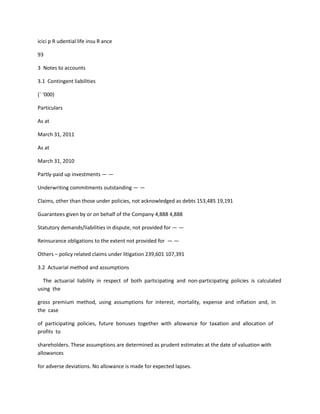 icici p R udential life insu R ance

93

3 Notes to accounts

3.1 Contingent liabilities

(` ‘000)

Particulars

As at

March 31, 2011

As at

March 31, 2010

Partly-paid up investments — —

Underwriting commitments outstanding — —

Claims, other than those under policies, not acknowledged as debts 153,485 19,191

Guarantees given by or on behalf of the Company 4,888 4,888

Statutory demands/liabilities in dispute, not provided for — —

Reinsurance obligations to the extent not provided for — —

Others – policy related claims under litigation 239,601 107,391

3.2 Actuarial method and assumptions

  The actuarial liability in respect of both participating and non-participating policies is calculated
using the

gross premium method, using assumptions for interest, mortality, expense and inflation and, in
the case

of participating policies, future bonuses together with allowance for taxation and allocation of
profits to

shareholders. These assumptions are determined as prudent estimates at the date of valuation with
allowances

for adverse deviations. No allowance is made for expected lapses.
 