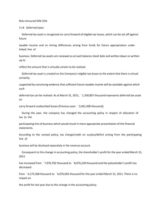 Risk reinsured 50% 55%

3.14 Deferred taxes

  Deferred tax asset is recognized on carry forward of eligible tax losses, which can be set off against
future

taxable income and on timing differences arising from funds for future appropriation under
linked line of

business. Deferred tax assets are reviewed as at each balance sheet date and written down or written
up to

reflect the amount that is virtually certain to be realised.

  Deferred tax asset is created on the Company’s eligible tax losses to the extent that there is virtual
certainty

supported by convincing evidence that sufficient future taxable income will be available against which
such

deferred tax can be realised. As at March 31, 2011, ` 1,330,807 thousand represents deferred tax asset
on

carry forward unabsorbed losses (Previous year: ` 2,041,498 thousand).

  During the year, the company has changed the accounting policy in respect of allocation of
tax to the

participating line of business which would result in more appropriate presentation of the financial
statements.

According to the revised policy, tax charge/credit on surplus/deficit arising from the participating
line of

business will be disclosed separately in the revenue account.

  Consequent to this change in accounting policy, the shareholder’s profit for the year ended March 31,
2011

has increased from ` 7,976,702 thousand to ` 8,076,228 thousand and the policyholder’s profit has
decreased

from ` 6,175,568 thousand to ` 6,076,042 thousand for the year ended March 31, 2011. There is no
impact on

the profit for last year due to this change in the accounting policy.
 