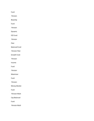Fund

Pension

Bluechip

Fund

Pension

Dynamic

P/E Fund

Pension

Flexi

Balanced Fund

Pension Flexi

Growth Fund

Pension

Income

Fund

Pension

Maximiser

Fund

Pension

Money Market

Fund

Pension Multi

Cap Balanced

Fund

Pension Multi
 