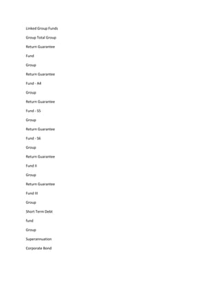 Linked Group Funds

Group Total Group

Return Guarantee

Fund

Group

Return Guarantee

Fund - A4

Group

Return Guarantee

Fund - S5

Group

Return Guarantee

Fund - S6

Group

Return Guarantee

Fund II

Group

Return Guarantee

Fund III

Group

Short Term Debt

fund

Group

Superannuation

Corporate Bond
 