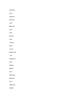 Cash Plus

Fund

Dynamic

P/E Fund

Flexi

Balanced

Fund

Flexi

Growth

Fund

Income

Fund

Invest

Shield Fund

- Life

Maximiser

Fund

Money

Market

Fund

Multi Cap

Balanced

Fund

Multi Cap

Growth
 