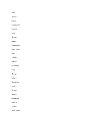 Fund

Group

Leave

Encashment

Income

Fund

Group

Leave

Encashment

Short Term

Fund

Group

Return

Guarantee

Fund

Group

Return

Guarantee

Fund II

Group

Return

Guarantee

Fund III

Group

Short Term
 