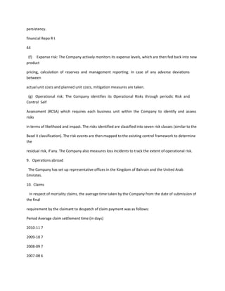 persistency.

financial Repo R t

44

 (f) Expense risk: The Company actively monitors its expense levels, which are then fed back into new
product

pricing, calculation of reserves and management reporting. In case of any adverse deviations
between

actual unit costs and planned unit costs, mitigation measures are taken.

 (g) Operational risk: The Company identifies its Operational Risks through periodic Risk and
Control Self

Assessment (RCSA) which requires each business unit within the Company to identify and assess
risks

in terms of likelihood and impact. The risks identified are classified into seven risk classes (similar to the

Basel II classification). The risk events are then mapped to the existing control framework to determine
the

residual risk, if any. The Company also measures loss incidents to track the extent of operational risk.

9. Operations abroad

 The Company has set up representative offices in the Kingdom of Bahrain and the United Arab
Emirates.

10. Claims

  In respect of mortality claims, the average time taken by the Company from the date of submission of
the final

requirement by the claimant to despatch of claim payment was as follows:

Period Average claim settlement time (in days)

2010-11 7

2009-10 7

2008-09 7

2007-08 6
 