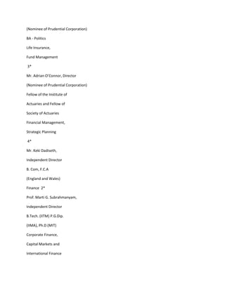 (Nominee of Prudential Corporation)

BA - Politics

Life Insurance,

Fund Management

3*

Mr. Adrian O’Connor, Director

(Nominee of Prudential Corporation)

Fellow of the Institute of

Actuaries and Fellow of

Society of Actuaries

Financial Management,

Strategic Planning

4*

Mr. Keki Dadiseth,

Independent Director

B. Com, F.C.A

(England and Wales)

Finance 2*

Prof. Marti G. Subrahmanyam,

Independent Director

B.Tech. (IITM) P.G.Dip.

(IIMA), Ph.D (MIT)

Corporate Finance,

Capital Markets and

International Finance
 