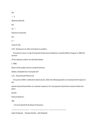 Act

— 2

Maternity Benefit

Act

16 —

Payment of Gratuity

Act

9 —

Total 47 163

3.30 Disclosures on other work given to auditors

  Pursuant to clause 7.1 (g) of Corporate Governance Guidelines issued by IRDA on August 5, 2009 the
services

of the statutory auditor are disclosed below:

(` ‘000)

Name of the auditor Service rendered Amount

Walker, Chandiok & Co Tax Audit 234

3.31 Discontinued Policy Fund

  Pursuant to IRDA’s notification dated July 01, 2010, the following details are disclosed with respect to
the

policies discontinued either on customer request or for non payment of premium amount within the
grace

period:

financial Repo R t

286

      For & on behalf of the Board of Directors

____________________ ____________________ ____________________

Avijit Chatterjee Chanda Kochhar Keki Dadiseth
 