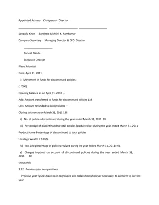 Appointed Actuary Chairperson Director

____________________ ____________________ ____________________

Sanaulla Khan    Sandeep Bakhshi K. Ramkumar

Company Secretary      Managing Director & CEO Director

    ____________________

    Puneet Nanda

     Executive Director

Place: Mumbai

Date: April 21, 2011

 i) Movement in funds for discontinued policies:

(` ‘000)

Opening balance as on April 01, 2010 —

Add: Amount transferred to funds for discontinued policies 138

Less: Amount refunded to policyholders —

Closing balance as on March 31, 2011 138

 ii) No. of policies discontinued during the year ended March 31, 2011: 28

 iii) Percentage of discontinued to total policies (product wise) during the year ended March 31, 2011

Product Name Percentage of discontinued to total policies

Lifestage Wealth II 0.05%

 iv) No. and percentage of policies revived during the year ended March 31, 2011: NIL

 v) Charges imposed on account of discontinued policies during the year ended March 31,
2011: ` 30

thousands

3.32 Previous year comparatives

  Previous year figures have been regrouped and reclassified wherever necessary, to conform to current
year
 