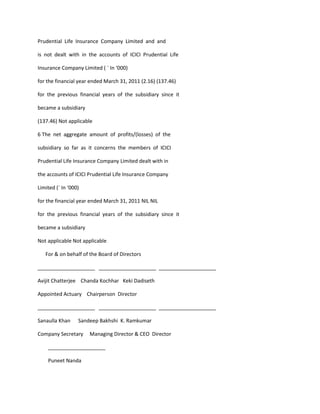 Prudential Life Insurance Company Limited and and

is not dealt with in the accounts of ICICI Prudential Life

Insurance Company Limited ( ` In ‘000)

for the financial year ended March 31, 2011 (2.16) (137.46)

for the previous financial years of the subsidiary since it

became a subsidiary

(137.46) Not applicable

6 The net aggregate amount of profits/(losses) of the

subsidiary so far as it concerns the members of ICICI

Prudential Life Insurance Company Limited dealt with in

the accounts of ICICI Prudential Life Insurance Company

Limited (` In ‘000)

for the financial year ended March 31, 2011 NIL NIL

for the previous financial years of the subsidiary since it

became a subsidiary

Not applicable Not applicable

   For & on behalf of the Board of Directors

____________________ ____________________ ____________________

Avijit Chatterjee Chanda Kochhar Keki Dadiseth

Appointed Actuary Chairperson Director

____________________ ____________________ ____________________

Sanaulla Khan     Sandeep Bakhshi K. Ramkumar

Company Secretary     Managing Director & CEO Director

    ____________________

    Puneet Nanda
 