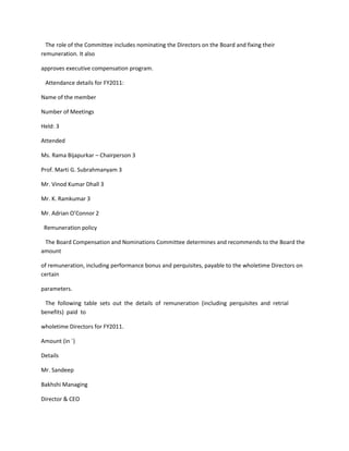 The role of the Committee includes nominating the Directors on the Board and fixing their
remuneration. It also

approves executive compensation program.

 Attendance details for FY2011:

Name of the member

Number of Meetings

Held: 3

Attended

Ms. Rama Bijapurkar – Chairperson 3

Prof. Marti G. Subrahmanyam 3

Mr. Vinod Kumar Dhall 3

Mr. K. Ramkumar 3

Mr. Adrian O’Connor 2

 Remuneration policy

 The Board Compensation and Nominations Committee determines and recommends to the Board the
amount

of remuneration, including performance bonus and perquisites, payable to the wholetime Directors on
certain

parameters.

 The following table sets out the details of remuneration (including perquisites and retrial
benefits) paid to

wholetime Directors for FY2011.

Amount (in `)

Details

Mr. Sandeep

Bakhshi Managing

Director & CEO
 