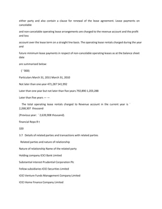 either party and also contain a clause for renewal of the lease agreement. Lease payments on
cancelable

and non-cancelable operating lease arrangements are charged to the revenue account and the profit
and loss

account over the lease term on a straight line basis. The operating lease rentals charged during the year
and

future minimum lease payments in respect of non-cancelable operating leases as at the balance sheet
date

are summarised below:

 (` ‘000)

Particulars March 31, 2011 March 31, 2010

Not later than one year 471,287 541,992

Later than one year but not later than five years 792,890 1,203,288

Later than five years — —

  The total operating lease rentals charged to Revenue account in the current year is `
2,268,307 thousand

(Previous year: ` 2,639,908 thousand).

financial Repo R t

320

3.7 Details of related parties and transactions with related parties

 Related parties and nature of relationship

Nature of relationship Name of the related party

Holding company ICICI Bank Limited

Substantial interest Prudential Corporation Plc

Fellow subsidiaries ICICI Securities Limited

ICICI Venture Funds Management Company Limited

ICICI Home Finance Company Limited
 