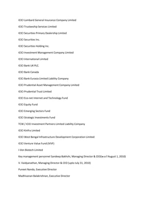 ICICI Lombard General Insurance Company Limited

ICICI Trusteeship Services Limited

ICICI Securities Primary Dealership Limited

ICICI Securities Inc.

ICICI Securities Holding Inc.

ICICI Investment Management Company Limited

ICICI International Limited

ICICI Bank UK PLC.

ICICI Bank Canada

ICICI Bank Eurasia Limited Liability Company

ICICI Prudential Asset Management Company Limited

ICICI Prudential Trust Limited

ICICI Eco-net Internet and Technology Fund

ICICI Equity Fund

ICICI Emerging Sectors Fund

ICICI Strategic Investments Fund

TCW / ICICI Investment Partners Limited Liability Company

ICICI Kinfra Limited

ICICI West Bengal Infrastructure Development Corporation Limited

ICICI Venture Value Fund (IVVF)

I-Ven Biotech Limited

Key management personnel Sandeep Bakhshi, Managing Director & CEO(w.e.f August 1, 2010)

V. Vaidyanathan, Managing Director & CEO (upto July 31, 2010)

Puneet Nanda, Executive Director

Madhivanan Balakrishnan, Executive Director
 