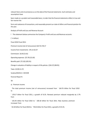 relevant facts and circumstances as on the date of the financial statements. Such estimates and
assumptions have

been made on a prudent and reasonable basis, in order that the financial statements reflect in true and
fair manner the

form and substance of transactions, and reasonably present our state of affairs and financial position for
the year.

Analysis of Profit and Loss and Revenue Account

l The statement below summarises the Company’s Profit and Loss and Revenue accounts:

(` In billion)

Fiscal 2010 Fiscal 2011

Premium income (net of reinsurance) 164.76 178.17

Income from investments 176.11 63.37

Commission (6.03) (5.61)

Operating expenses (25.70) (21.82)

Benefits paid (72.10) (105.91)

Change in valuation of liability in respect of life policies (234.27) (98.95)

Taxes (0.20) (1.17)

Surplus/(Deficit) 2.58 8.08

financial Repo R t

58

a) Premium income

  The total premium income (net of reinsurance) increased from ` 164.76 billion for fiscal 2010
to

` 178.17 billion for fiscal 2011, a growth of 8.1%. Renewal premium reduced marginally by 1.7%
from

` 101.95 billion for fiscal 2010 to ` 100.18 billion for fiscal 2011. New business premium
increased from

` 63.34 billion for fiscal 2010 to ` 78.62 billion for fiscal 2011, a growth of 24.1%.
 