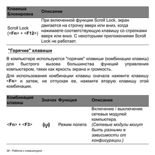 Scroll Lock 
(<Fn> + <F12>) 
При включенной функции Scroll Lock, экран 
двигается на строчку вверх или вниз, когда 
нажимаете соответствующую клавишу со стрелками 
вверх или вниз. С некоторыми приложениями Scroll 
Lock не работает. 
"Горячие" клавиши 
В компьютере используются "горячие" клавиши (комбинации клавиш) 
для быстрого вызова большинства функций управления 
компьютером, таких как яркость экрана и громкость. 
Для использования комбинации клавиш сначала нажмите клавишу 
<Fn> и затем, не отпуская ее, нажмите вторую клавишу этой 
комбинации. 
Комбинация 
клавиш Значок Функция Описание 
<Fn> + <F3> Режим полета 
38 - Работа с клавиатурой 
Включение / выключение 
сетевых модулей 
компьютера. 
(Сетевые модули могут 
быть разными в 
зависимости от 
конфигурации.) 
Клавиша 
Блокировка Описание 
 