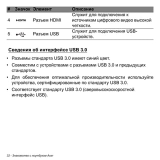 32 - Знакомство с ноутбуком Acer 
Сведения об интерфейсе USB 3.0 
• Разъемы стандарта USB 3.0 имеют синий цвет. 
• Совместим с устройствами с разъемами USB 3.0 и предыдущих 
стандартов. 
• Для обеспечения оптимальной производительности используйте 
устройства, сертифицированные по стандарту USB 3.0. 
• Соответствует стандарту USB 3.0 (сверхвысокоскоростной 
интерфейс USB). 
4 
Разъем HDMI 
Служит для подключения к источникам цифрового видео высокой четкости. 
5 
Разъем USB 
Служит для подключения USB- устройств. 
# Значок Элемент Описание 
 
