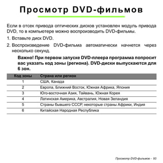 Просмотр DVD-фильмов - 93 
Просмотр DVD-фильмов 
Если в отсек привода оптических дисков установлен модуль привода DVD, то в компьютере можно воспроизводить DVD-фильмы. 
1. Вставьте диск DVD. 
2. Воспроизведение DVD-фильма автоматически начнется через 
несколько секунд. 
Важно! При первом запуске DVD-плеера программа попросит 
вас указать код зоны (региона). DVD-диски выпускаются для 
6 зон. 
Код зоны Страна или регион 
1 США, Канада 
2 Европа, Ближний Восток, Южная Африка, Япония 
3 Юго-восточная Азия, Тайвань, Южная Корея 
4 Латинская Америка, Австралия, Новая Зеландия 
5 Страны бывшего СССР, некоторые страны Африки, Индия 
6 Китайская Народная Республика 
 