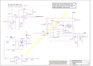 w
w
w
.
R
a
h
a
s
i
a
L
a
p
t
o
p
.
c
o
m
A
A
B
B
C
C
D
D
1 1
2 2
3 3
4 4
TM_REF1
CHGRTCP
MAINPWRON <20,39,41>
51ON#
<33>
SUSP
<16,37,43>
VL
VS
VL
VL
VIN
RTCVREF
VS
CHGRTC
BATT+
+1.5VSP
+5VALW
Title
Size Document Number Rev
Date: Sheet of
LA-2362 1
RTC Battery & OTP & +1.5VP
B
44 52
Friday, March 11, 2005
Compal Electronics, Inc.
THIS SHEET OF ENGINEERING DRAWING IS THE PROPRIETARY PROPERTY
OF COMPAL ELECTRONICS, INC. AND CONTAINS CONFIDENTIAL AND TRADE
CUSTODY OF THE COMPETENT DIVISION OF R&D DEPARTMENT EXCEPT AS
AUTHORIZED BY COMPAL ELECTRONICS, INC. NEITHER THIS SHEET NOR
THE INFORMATION IT CONTAINS MAY BE USED BY OR DISCLOSED TO ANY
INC.
SECRET INFORMATION. THIS SHEET MAY NOT BE TRANSFERRED FROM THE
THIRD PARTY WITHOUT PRIOR WRITTEN CONSENT OF COMPAL ELECTRONICS,
Recovery at 44(45) degree C
CPU thermal protection at 80 degree C
PH2 under CPU botten side :
Ipeak=Iocset*Rocset/RDS(ON)high side
Iocset=40uA, Pocset=4.12K RDS(on)=25.5mΩ
Ipeak min=40uA*4.12/(25.5*1.3)=4.97A
Ipeak max=40uA*4.12/25.5=6.46A
PC56
1U_0805_16V7K
1
2
PC60
0.1U_0402_16V7K
1
2
PU1B
LM393M_SO8
+
5
-
6
O 7
P
8
G
4
PR85
300_0402_5%
1 2
PR71
47K_0402_1%
1
2
PR75
150K_0402_1%
1
2
G
D
S
PQ42
RHU002N06_SOT323
2
1
3
PC57
1000P_0402_50V7K
1
2
PQ16
TP0610K_SOT23
2
1
3
PR83
22K_0402_5%
1 2
SI4814DY_SO8
PQ15
D1 2
G1
8
G2 3
S1/D2
5
D1 1
S1/D2
7
S2 4
S1/D2
6
PC61
0.1U_0402_16V7K
1
2
PC63
0.1U_0603_25V7K
1
2
PH1
10KB_0603_1%_TH11-3H103FT
1
2
PC65
0.22U_1206_25V7K
1
2
PC55
0.1U_0603_25V7K
1
2
PR72
47K_0402_1%
1 2
PC59
470P_0402_50V7K
1
2
PU8
APW7057KC-TR_SOP8
BOOT 1
LGATE 4
UGATE 2
FB
6
PHASE 8
GND
3
OCSET
7
VCC
5
PR77
4.12K_0402_1%
1
2
PD9
1N4148_SOD80
1
2
PR84
10K_0402_1%
1
2
PR79
33_1206_5%
1
2
PD10
RB751V_SOD323
1
2
PD12
1SS355_SOD323
1
2
PR82
8.87K_0603_1%
1
2
PR86
300_0402_5%
1 2
PR76
150K_0402_1%
1
2
PR74
2.15K_0402_1%
1
2
+ PC62
150U_D2_6.3VM_R45
1
2
PR78
2.2_0402_5%
1
2
PR80
200_0805_5%
1
2
PL7
4.7UH_D104C-919AS_4R7N_5.2A_20%
1 2
PR81
100K_0402_5%
1
2
PC68
4.7U_0805_6.3V6K
1
2
PC67
1U_0805_25V4Z
1
2
PC66
0.1U_0402_16V7K
1
2
PC58
4.7U_0805_6.3V6K
1
2
PU7
G920AT24U_SOT89
IN
2
GND
1
OUT 3
PR189
0_0402_5%
1
2
PR73
16.9K_0402_1%
1 2
PC64
4.7U_0805_6.3V6K
@
1
2
 