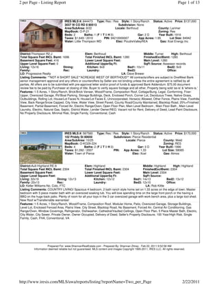 2 per Page - Listing Report                                                                                                    Page 1 of 13



                                   IRES MLS #: 644473 Type: Res / Res Style: 1 Story/Ranch Status: Active Price: $137,000
                                   3037 W CO RD 8 80513                    Subdivision: None
                                   Area/SubArea: 8/22                    Locale: Berthoud              County: Larimer
                                   MapBook: O-P-21                                                     Zoning: Res
                                   Beds: 2        Baths: 1 (F 1 T 0 H 0)                 Gar: 2 D       Year Built: 1916
                                   Taxes: $1,649 / 2010          PIN: 94210000007         App Acres: 1.95      Lot Size: 84942
                                   Water: Little Thompson WD             Elec: PoudreValleyREA           Gas: Xcel Energy Inc



District:Thompson R2-J                              Elem: Berthoud                                Middle: Turner        High: Berthoud
Total Square Feet INCL Bsmt: 1696                   Total Finished INCL Bsmt: 1280                FinishedExclBsmt: 1280
Basement Square Feet: 416                           Lower Level Square Feet:                      Main Level: 1280
Upper Level Square Feet: 0                          Additional UpperSq Ft:                        SqFt Source: Assessor records
Living: 12x16                      Dining:            Kitchen: 9x9                     Bed1: 10x11                   Bed2: 9x9
Family:                            Rec:               Laundry:                         Bed3:                         Office:
LO: Progressive Realty                                                            LA: Dave Brewer
Listing Comments: **NOT A SHORT SALE**ACREAGE WEST OF BERTHOUD** All contracts/offers are subject to OneWest Bank
senior management approval and any offers or counteroffers by Seller are not binding unless the entire agreement is ratified by all
parties. All offers are to be submitted with pre-approval letter and/or proof of funds & approved Bank Addendum. $75.00 document
review fee to be paid by Purchaser at closing of title. Buyer to verify square footage and all other. Property being sold 'as-is' & 'where-is.'
Features: 1-5 Acres, 1 Story/Ranch, Brick/Brick Veneer, Wood/Frame, Composition Roof, Cottage/Bung, Legal, Conforming, Fixer-
Upper, Oversized Garage, RV/Boat Parking, Storage Buildings, Deck, Enclosed Porch, Corner Lot, Deciduous Trees, Native Grass,
Outbuildings, Rolling Lot, House/Lot Faces N, House/Lot Faces E, Unincorporated, Horse(s) Allowed, Other Fence, Plains View, Foothills
View, Back Range/Snow Capped, City View, Water View, Street Paved, County Road/County Maintained, Blacktop Road, 25%+Finished
Basement, Partial Basement, Forced Air, Electric Range/Oven, Open Floor Plan, Main Level Bedroom , Main Floor Bath , Main Level
Laundry, Electric, Natural Gas, Septic, District Water, Lender Owner/REO, Vacant not for Rent, Delivery of Deed, Lead Paint Disclosure,
No Property Disclosure, Minimal Risk, Single Family, Conventional, Cash




                                   IRES MLS #: 567560 Type: Res / Res Style: 1 Story/Ranch Status: Active Price: $170,000
                                   102 Priddy St 80650                  Subdivision: Pierce Residential
                                   Area/SubArea: 10/25                          Locale: Pierce             County: Weld
                                   MapBook: O-KO29-224                                                     Zoning: RES
                                   Beds: 4       Baths: 2 (F 2 T 0 H 0)                  Gar: 3 D       Year Built: 1996
                                   Taxes: $1,092 / 2007                 PIN: App Acres: 1.33              Lot Size: 58065
                                   Water: Town of Pierce                             Elec: Xcel            Gas: Atmos



District:Ault-Highland RE-9                     Elem: Highland                                 Middle: Highland      High: Highland
Total Square Feet INCL Bsmt: 2304               Total Finished INCL Bsmt: 2304                 FinishedExclBsmt: 2304
Basement Square Feet:                           Lower Level Square Feet:                       Main Level: 2304
Upper Level Square Feet:                        Additional UpperSq Ft:                         SqFt Source:
Living: 32x19               Dining: 12x13                Kitchen: 12x12                 Bed1: 14x13             Bed2: 13x12
Family: 20x13               Rec:                         Laundry:                       Bed3: 12x10             Office:
LO: Keller Williams-No. Colo, FTC                                                                LA: Rob Kittle
Listing Comments: COUNTRY LIVING! Spacious 4 bedroom, 2 bath ranch style home set on 1.33 acres on the edge of town. Master
bedroom with 5 piece master bath with an oversized soaking tub. You will love spending time on the large front porch or the having a
BBQ on the huge back patio. Plenty of room for all your toys in the 3 car oversized garage with work bench area, plus a large tool shed.
New Roof w/Transferrable warrantee!
Features: 1-5 Acres, 1 Story/Ranch, Wood/Frame, Composition Roof, Modular Home, Patio, Oversized Garage, Storage Buildings,
Level Lot, Enclosed Fenced Area, Plains View, City Street, Blacktop Road, No Basement, Forced Air, Central Air Conditioning, Gas
Range/Oven, Window Coverings, Refrigerator, Dishwasher, Cathedral/Vaulted Ceilings, Open Floor Plan, 5 Piece Master Bath, Electric,
City Water, City Sewer, Private Owner, Owner Occupied, Delivery of Deed, Seller's Property Disclosure, 100 Year/High Risk, Single
Family, Cash, FHA, Conventional, VA




                      Prepared For: www.ShannanRealEstate.com - Prepared By: Shannan Zitney - Feb 22, 2011 9:52:58 AM
           Information deemed reliable but not guaranteed. MLS content and images Copyright 1995-2011, IRES LLC. All rights reserved.




http://www.iresis.com/MLS/awa/reports/listing?reportName=Two_per_Page                                                             2/22/2011
 