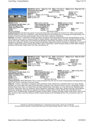 2 per Page - Listing Report                                                                                                   Page 5 of 13



                                  IRES MLS #: 635754 Type: Res / Res Style: 1 Story/Ranch Status: Active Price: $207,500
                                  3052 Guinea Hill Ct 80524                 Subdivision: Bishop
                                  Area/SubArea: 9/23                  Locale: Fort Collins              County: Larimer
                                  MapBook: X-x-0                                                        Zoning: Res
                                  Beds: 3       Baths: 2 (F 2 T 0 H 0)                   Gar: 2 A      Year Built: 1981
                                  Taxes: $1,435 / 2009             PIN: 9804208701              App Acres: 10         Lot Size:
                                  Water: Northern CO                           Elec: REA              Gas: Propane



District:Poudre                                  Elem: Cache La Poudre                         Middle: Cache La Poudre     High: Poudre
Total Square Feet INCL Bsmt: 1350                Total Finished INCL Bsmt: 1350                FinishedExclBsmt: 1350
Basement Square Feet:                            Lower Level Square Feet:                      Main Level: 1350
Upper Level Square Feet:                         Additional UpperSq Ft:                        SqFt Source:
Living: 22x13                  Dining: 13x11                Kitchen: 13x9                   Bed1: 13x11            Bed2: 13x10
Family:                        Rec:                         Laundry: 7x5                    Bed3: 13x9             Office:
LO: Group Mulberry                                                       LA: Patricia Phillips
Listing Comments: Cute little horse property! 10 acres with loafing shed, corral, pasture 20 minutes N of Ft. Collins. Good condition.
Beautiful fireplace in living room, 3 bedrooms, 2 bath. Manufactured home with enclosed porch, 2 car garage and storage building. Title
purged and has HUD tag. Quick closing possible. Easy to show. Seller is related to Listing Broker.
Features: 10-20 Acres, 1 Story/Ranch, Composition Siding, Composition Roof, Manufactured Home, Deck, Storage Buildings, Cul-De-
Sac, Deciduous Trees, Level Lot, House/Lot Faces W, Horse(s) Allowed, Loafing Shed, Pasture, Corral(s), Enclosed Fenced Area, Wire
Fence, Plains View, Foothills View, County Road/County Maintained, Gravel Road, Crawl Space, Forced Air, Dishwasher, Electric
Range/Oven, Refrigerator, Window Coverings, Double Pane Windows, Separate Dining Room, Workshop, Full Master Bath, Living Room
Fireplace, Satellite Avail, Electric, Propane, District Water, Septic, Private Owner, Owner Occupied, Delivery of Deed, Seller's Property
Disclosure, Minimal Risk, Single Family, FHA, Cash, Conventional, VA




                                  IRES MLS #: 633385 Type: Res / Res Style: 1 Story/Ranch Status: Active Price: $215,000
                                  6635 W 28 St 80634                   Subdivision: Peterson
                                  Area/SubArea: 10/12                         Locale: Greeley             County: Weld
                                  MapBook: O-KM/45-97                                                     Zoning: SFR
                                  Beds: 3        Baths: 3 (F 2 T 0 H 1)                 Gar: 2 D       Year Built: 1921
                                  Taxes: $1,001 / 2009           PIN: R2575886         App Acres: 1.73       Lot Size: 75359
                                  Water: City of Greeley                          Elec: Xcel           Gas: Propane



District:Greeley 6                            Elem: Monfort                              Middle: John Evans        High: Greeley West
Total Square Feet INCL Bsmt: 2519             Total Finished INCL Bsmt: 2519             FinishedExclBsmt: 2519
Basement Square Feet:                         Lower Level Square Feet:                   Main Level: 2519
Upper Level Square Feet:                      Additional UpperSq Ft:                     SqFt Source:
Living: 24x21                Dining: 14x13               Kitchen: 16x14                 Bed1: 12x11               Bed2: 12x12
Family: 16x12                Rec: 24x12                  Laundry: 8x6                   Bed3: 13x10               Office:
LO: Pro Realty Inc                                               LA: Gerry McFarling
Listing Comments: PRICE REDUCED!!! This is a nicely remodeled home with room for horses including pasture and loafing sheds, and
right in town for your convenience. Come see it today.
Features: 1-5 Acres, 1 Story/Ranch, Composition Siding, Brick/Brick Veneer, Wood/Frame, Composition Roof, Farm House, Storage
Buildings, Hot Tub Included, Patio, Abuts Private Open Space, Deciduous Trees, House/Lot Faces S, Level Lot, Outbuildings, Horse(s)
Allowed, Wood Fence, Chain Link, Street Paved, City Street, Blacktop Road, Crawl Space, 2 or more Heat Sources, Baseboard Heat,
Forced Air, Wood Stove, Room Air Conditioner, Electric Range/Oven, Dishwasher, Clothes Dryer, Window Coverings, Clothes Washer,
Microwave, Refrigerator, Smoke Alarm(s), Separate Dining Room, Skylights, Walk-in Closet, Wet Bar, Bay or Bow Window, Eat-in
Kitchen, Pantry, Full Master Bath, Freestanding Fireplace, No Stairs, Electric, Propane, City Water, Septic, Private Owner, Vacant not for
Rent, Delivery of Deed, Lead Paint Disclosure, Seller's Property Disclosure, 500 Year/Moderate Risk, FHA, Conventional, Cash, VA,
Short Pay




                     Prepared For: www.ShannanRealEstate.com - Prepared By: Shannan Zitney - Feb 22, 2011 9:52:58 AM
          Information deemed reliable but not guaranteed. MLS content and images Copyright 1995-2011, IRES LLC. All rights reserved.




http://www.iresis.com/MLS/awa/reports/listing?reportName=Two_per_Page                                                            2/22/2011
 