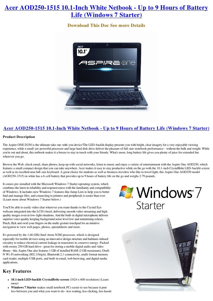 Acer Aod250 1515 10 1 Inch White Netbook Up To 9 Hours Of Battery L Acer Aod250 1515 10 1 Inch White Netbook Up To 9 Hours Of Battery L